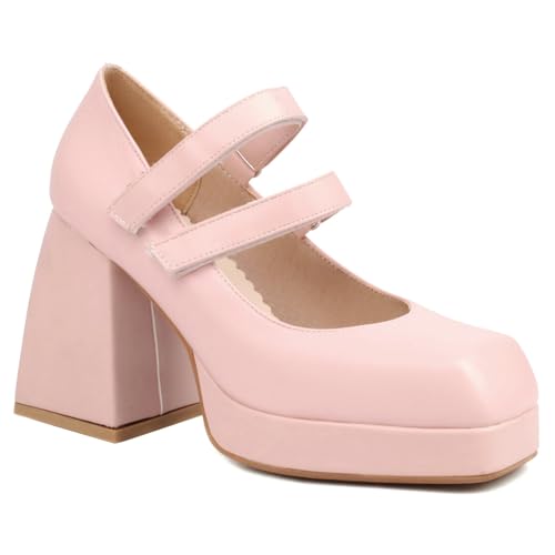 Damen Hoher Blockabsatz Plateau Pumps Quadratische Zehe PU Leder Mary Janes Knöchelriemen Kleid Schuhe Mit Schnalle,Rosa,41.5 EU von Generic