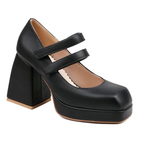 Damen Hoher Blockabsatz Plateau Pumps Quadratische Zehe PU Leder Mary Janes Knöchelriemen Kleid Schuhe Mit Schnalle,Schwarz,41.5 EU von Generic