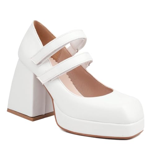 Damen Hoher Blockabsatz Plateau Pumps Quadratische Zehe PU Leder Mary Janes Knöchelriemen Kleid Schuhe Mit Schnalle,Weiß,40 EU von Generic