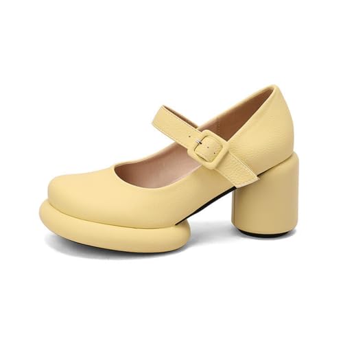 Damen Hoher Blockabsatz Plateau Schuhe Runde Sohle PU Leder Kleid Pumps Knöchelriemen Uniform Schuhe Mit Schnalle,Gelb,38 EU von Generic