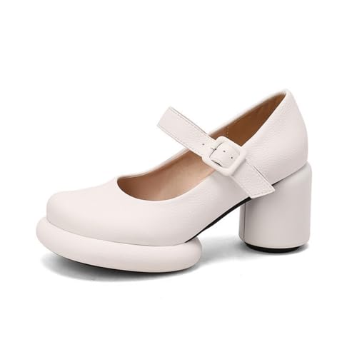 Damen Hoher Blockabsatz Plateau Schuhe Runde Sohle PU Leder Kleid Pumps Knöchelriemen Uniform Schuhe Mit Schnalle,Weiß,38 EU von Generic