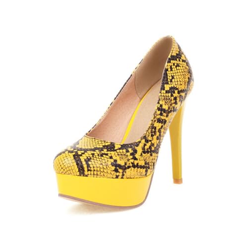 Damen Hoher Pfennigabsatz Kleid Pumps Geschlossene Runde Zehe PU Leder Schuhe Slip Auf Plattform Arbeitsschuhe,Gelb,38 EU von Generic