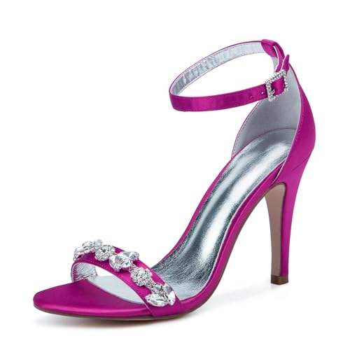 Damen Hoher Pfennigabsatz Kleid Sandalen Offene Zehen Satin Brautschuhe Mit Strass Knöchelriemen Hochzeit Partei Abschlussball Schuhe,Fuchsia,42 EU Damen Hoher Pfennigabsatz Kleid Sandalen Offene Zehen Satin Brautschuhe Mit Strass Knöchelriemen Hochzeit Partei Abschlussball Schuhe,Fuchsia,42 EU von Generic