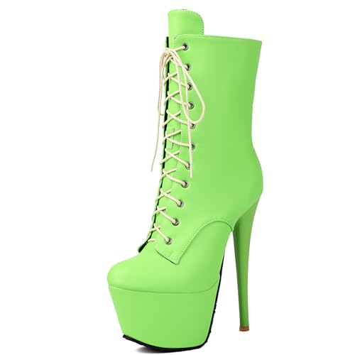 Damen Hoher Pfennigabsatz Kurze Stiefel Schnüren Stiefel Punk Mit Seitlichem Reißverschluss Lackleder Plateau-Stiefeletten,Grün,39 EU von Generic