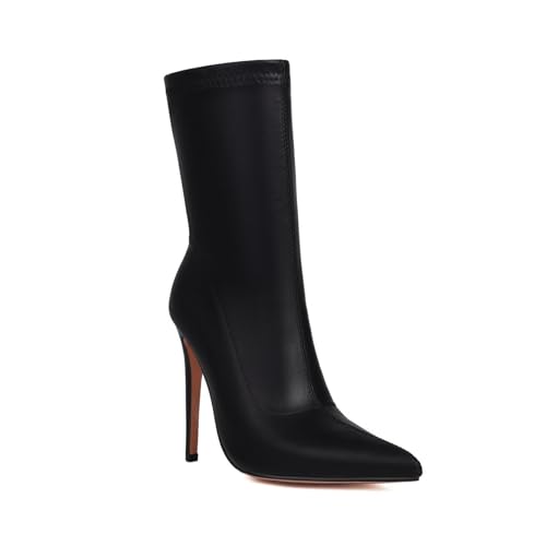Damen Hoher Pfennigabsatz Stiefel Mit Mittlerer Wadenhöhe PU-Leder Chelsea Stiefeletten Mit Reißverschluss Spitz Zehen Kurzstiefel,Schwarz,42 EU von Generic