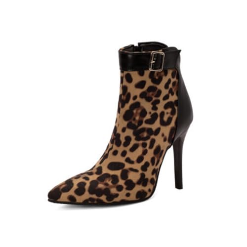 Damen Hoher Pfennigabsatz Stiefeletten Mit Schnalle Spitz Zehen Chelsea-Stiefel PU-Leder Kleid Schuhe Mit Reißverschluss,Leopard,46 EU von Generic
