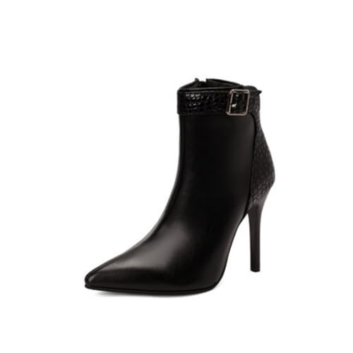 Damen Hoher Pfennigabsatz Stiefeletten Mit Schnalle Spitz Zehen Chelsea-Stiefel PU-Leder Kleid Schuhe Mit Reißverschluss,Schwarz,35 EU von Generic