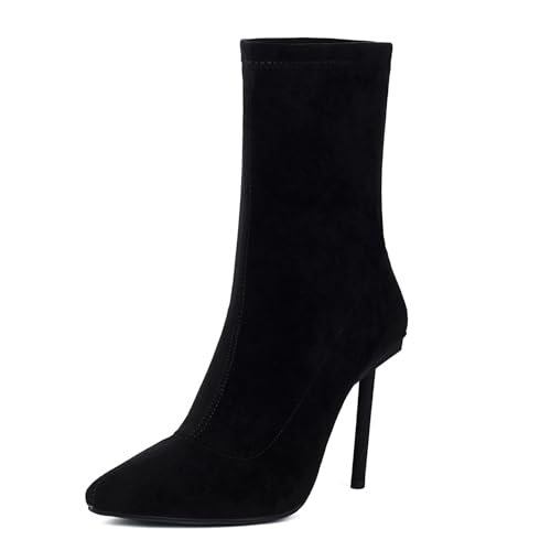 Damen Hoher Pfennigabsatz Stiefeletten Spitze Zehen Wildlederimitat Booties Zum Reinschlüpfen Chelsea-Stiefel,Schwarz,43 EU von Generic