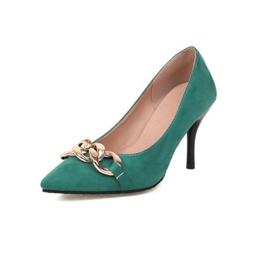 Damen Hoher Pfennigabstaz Pumps Mit Kette Spitz Zehen Wildlederimitat Kleid Pumps Slip Auf Formelle Schuhe,Grün,42 EU von Generic
