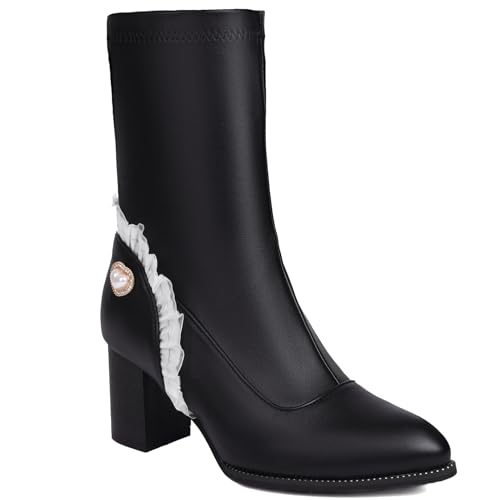 Damen Hoher Stämmiger Absatz Kurzstiefel Mit Perlen Spitz Zehen PU-Leder Stiefel Zum Reinschlüpfen Stiefeletten Mit Rüsche,Black 2,36 EU von Generic