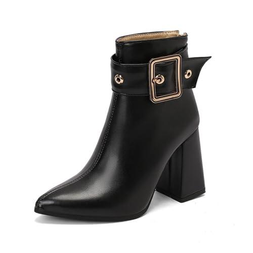 Damen Hoher Stämmiger Absatz Kurzstiefel Spitz Zehen Stiefeletten Mit Schnalle PU-Leder Stiefeletten Mit Hinterem Reißverschluss,Schwarz,40 EU von Generic