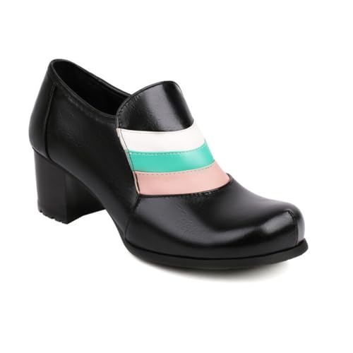 Damen Hoher Stämmiger Absatz Loafers Geschlossene Runde Zehe PU Leder Kleid Pumps Slip-Auf Freizeit Schuhe,Schwarz,37 EU von Generic