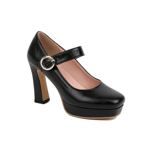 Damen Hoher Stämmiger Absatz Plateau Pumps Geschlossene Zehen PU Leder Kleid Schuhe Knöchelriemen Mary Janes Mit Schnalle,Schwarz,39 EU von Generic