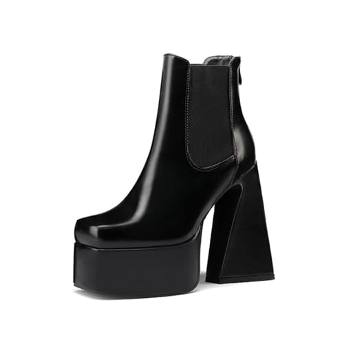 Damen Hoher Stämmiger Ferse Chelsea-Stiefel Geschlossene Quadratische Zehen Kurze Stiefel PU Leder Booties Mit Reißverschluss,Schwarz,38 EU von Generic
