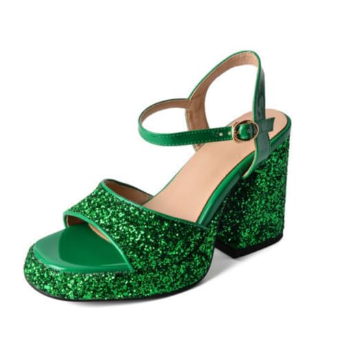 Damen Hoher Stämmiger Ferse Kleid Sandalen Peeptoe Glitzer Slingback Sommer Sandalen Knöchelriemen Partei Abschlussball Pumps Mit Schnalle,Grün,38 EU von Generic