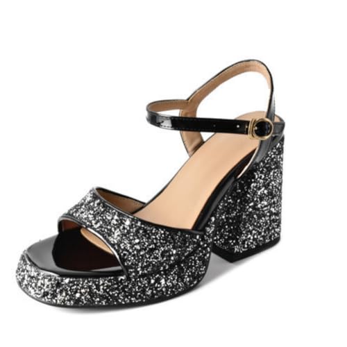 Damen Hoher Stämmiger Ferse Kleid Sandalen Peeptoe Glitzer Slingback Sommer Sandalen Knöchelriemen Partei Abschlussball Pumps Mit Schnalle,Schwarz,41.5 EU Damen Hoher Stämmiger Ferse Kleid Sandalen Peeptoe Glitzer Slingback Sommer Sandalen Knöchelriemen Partei Abschlussball Pumps Mit Schnalle,Schwarz,41.5 EU von Generic