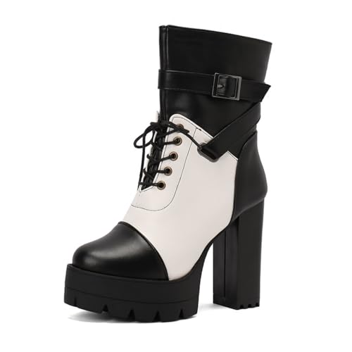 Damen Hoher Stämmiger Ferse Plateaupumps Mit Schnalle Geschlossener Rundzehen Stiefeletten PU-Leder Kurze Stiefel Mit Reißverschluss,Schwarz,35.5 EU von Generic