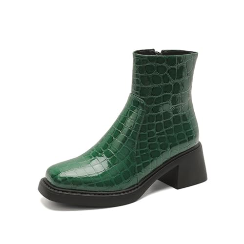 Damen Hoher Stämmiger Ferse Stiefeletten Geschlossenem Quadratzehen Kurze Stiefel PU-Leder-Booties Mit Reißverschluss,Green Single Lining,39 EU von Generic