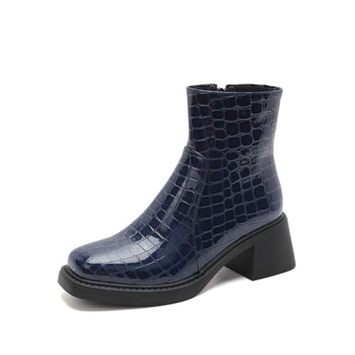 Damen Hoher Stämmiger Ferse Stiefeletten Geschlossenem Quadratzehen Kurze Stiefel PU-Leder-Booties Mit Reißverschluss,Navy Velvet Lining,39 EU von Generic