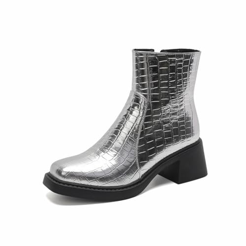 Damen Hoher Stämmiger Ferse Stiefeletten Geschlossenem Quadratzehen Kurze Stiefel PU-Leder-Booties Mit Reißverschluss,Silver Single Lining,40 EU von Generic