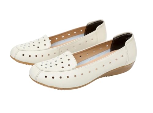Damen Hohllederschuhe Bequeme und leichte Damenschuhe Echtleder Mokassins Lässige Loafer Slip-On Atmungsaktive Modische Wanderschuhe,Off White,38 EU von Generic
