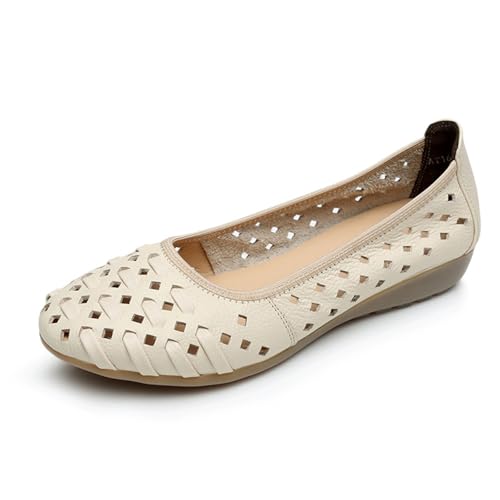 Damen Hollow Low Cut Loafer Komfort Mokassins Slip On Leder Ballerinas Schuhe,Beige,36 EU von Generic