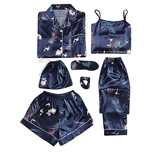 Damen Home Suit Flamingo Print Mode Slim Pyjama Vierteiliges Set Für Alle Jahreszeiten Mama und Valentinstag Pyjama, blau, 36 von Generic