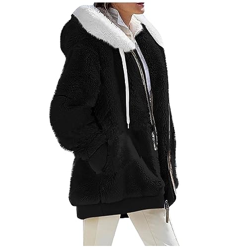 Damen Hoodie Jacke, Dicke Gefüttertfleece Jackejacke Flauschig Plüschjacke Herbstjacke mit Kapuze und Taschen Reißverschluss Elegant Kuscheljacke Winterjacke Kuschel Jacke (Schwarz,XL) von Generic