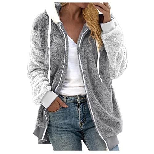 Damen Hoodie Jacke, Winterjacke Fleece Mantel Warm Gefüttert Winter Kapuzenpullover Hoodie Jacken Flauschig Plüschjacke Sweatshirt mit Kapuze und Taschen Reißverschluss Oversize (grau,XL) von Generic