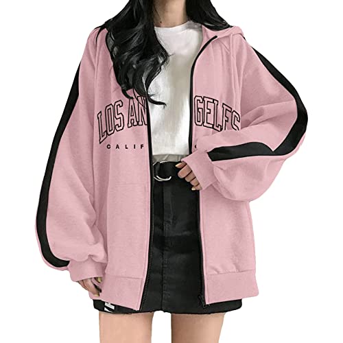 Damen Hoodie Jacke Los Angeles Oversize Vintage Reißverschluss Kapuzenjacke Full Zip Kapuzenpullover Sweatshirt mit Kapuze 90er Y2K E Girl Übergangsjacke Herbst Lose Langarm Jacken von Generic