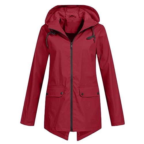 Damen Hoodie Regen Wasserdicht Leicht Solide Taschen Jacke Workout Outdoor Winddichte Regenjacke Puffy Mäntel plus Outdoor Wasserdichte Windbreaker Herbst Jacken, rot, 38 von Generic