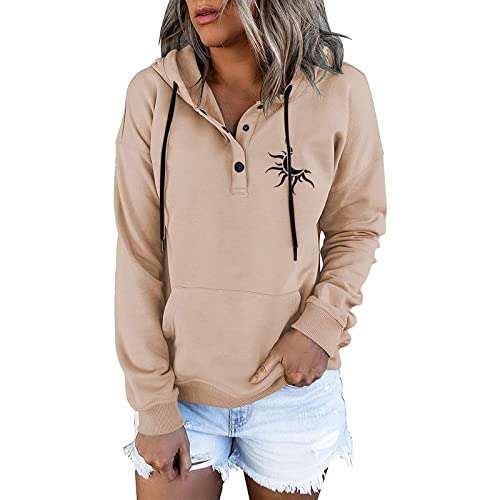 Damen Hoodies Langarm Shirts Kordelzug Sweatshirt Damenmode lose Langarm Knöpfe Taschendruck Langer Pullover Sweatershirt Top Damen Kapuzenpullover Sweatjacke Pullover Hoodie von Generic