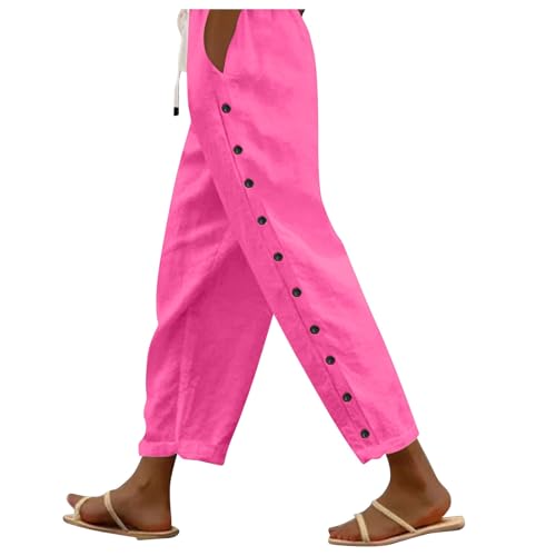 Damen Hose,Leinenhose Damen Sommer,Plus Size Capri-Hosen für Frauen 2025 Sommer Casual Drawstring Elastic High Waist Straight Wide Leg Leinenhosen,Rot,XL von Generic