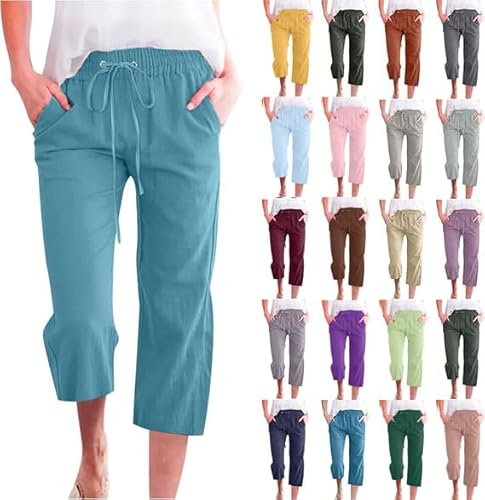 Damen Hose 3/4 Sommer Hosen Leicht Freizeithose Hose Hohe Taille Kordelzug Einfarbig Sommerhose Strandhose mit Tasche Baumwolle Yoga Fitness Activewear mit Tasche für Sport und Freizeit von Generic