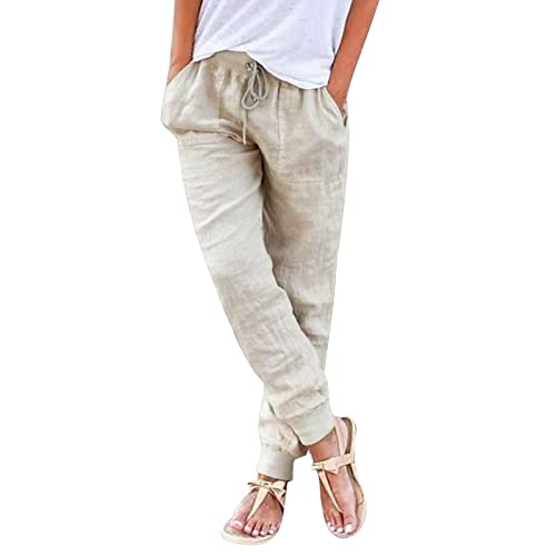 Generic Damen Leinenhose Baumwolle Leinen Stoffhose Freizeithose Sommerhose Pumphose Yogahose Casual Einfarbig Hippie High Waist Hose Stretch mit Taschen Kleidung Sommer Hosen Beige XXL von Generic