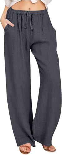 Damen Hosen Sommer Leinen Leicht Casual Locker Leinenhose Flowy Wide Leg Freizeithose Casual Beach Strandhose High Waisted Kordelzug Palazzo Hosen Leicht Baumwolle Jogginghose mit Taschen von Generic