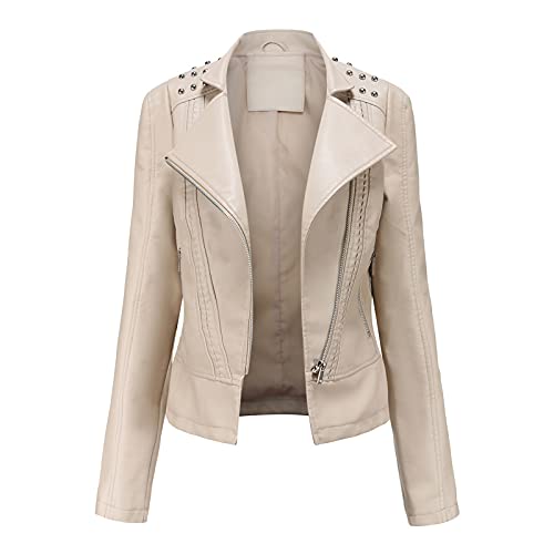 Damen-Jacke, lang, leicht, aus Kunstleder, Motorradmantel, kurz, leicht, Pleather Crop, modisch, Zipper, lässig, Lederjacken, warmer Mantel, beige, 38 von Generic