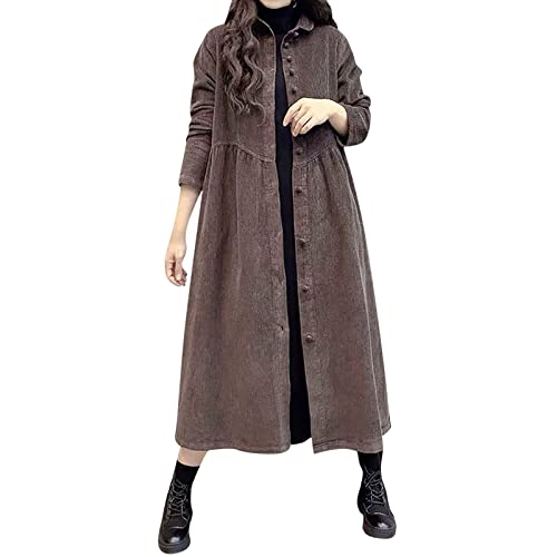 Damen Jacke Einfache Mäntel für Damen, einfarbig, langärmelig, Cord, Inspiration, dicke, faltige Mäntel in Übergröße Schwarzes Kleid Mit Kragen (Coffee, L) von Generic