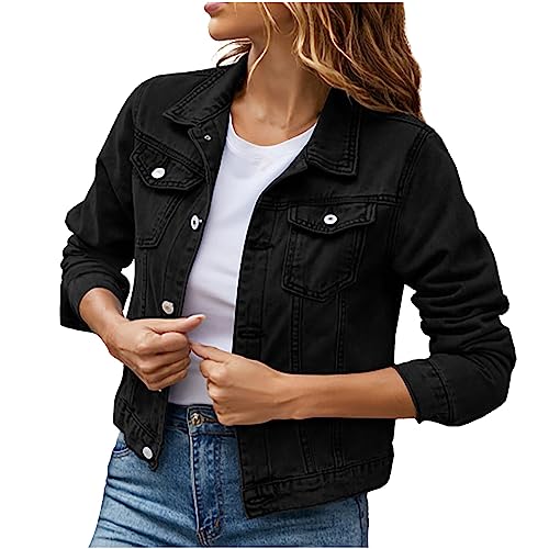 Damen Jacke Kurz Jeansjacke Denim Winterjacke Einfarbig Jeansbluse Leichte Langarm Mantel mit Taschen Winter Button Down Jeanshemd Essentials Cardigan Vielseitige Übergangsjacke Outwear Streetwear von Generic