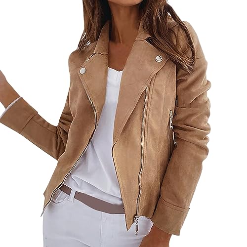 Damen Jacke Kurz Übergangsjacke Moto Bikerjacke Herbst Frühling Leicht Jacken Sommerjacke Reverskragen Langarm Boyfriend Kurze Mantel mit Reißverschluss von Generic