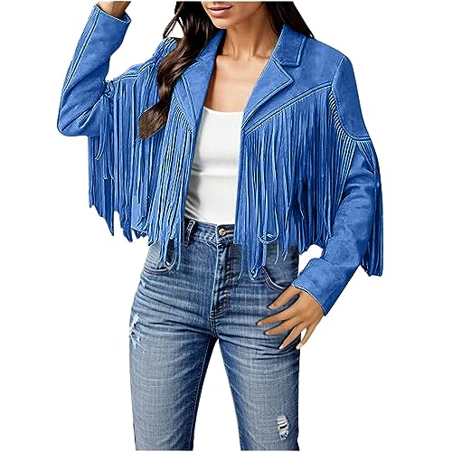 Damen Jacke Quasten Kunstleder Herbstjacke Wildlederimitat Western Quaste Lederjacke Mantel Faux Fransen Lederjacke Motorrad Freizeit Fransenjacke Übergangsjacke Langarm Motorradjacke (Blue, S) von Generic
