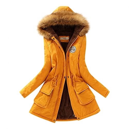 Damen Jacke Winter, Lang Wintermantel Damen Warm Gefüttert Winter Parka Jacke Mantel Dicke Lange Winterjacke mit Fellkapuze Outdoorjacke übergangsjacke Slim Fit Warme Steppjacke Fleecejacke von Generic