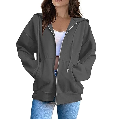 Sweatjacke Damen Full Zip Übergangsjacke Einfarbig Hoodie Sweatshirt Mit Kapuze Leicht College Jacke mit Kapuze Y2K Sweatshirtjacke Kapuzenjacke,Grau,3XL von Generic