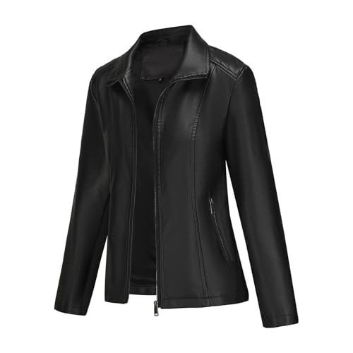 Damen-Jacken Motorradjacke Damen Kurz | Leicht Lederjacke Aus Kunstleder mit Reißverschluss Übergangsjacke für Herbst Italienische Mode Kunstlederjacke L B Black von Generic