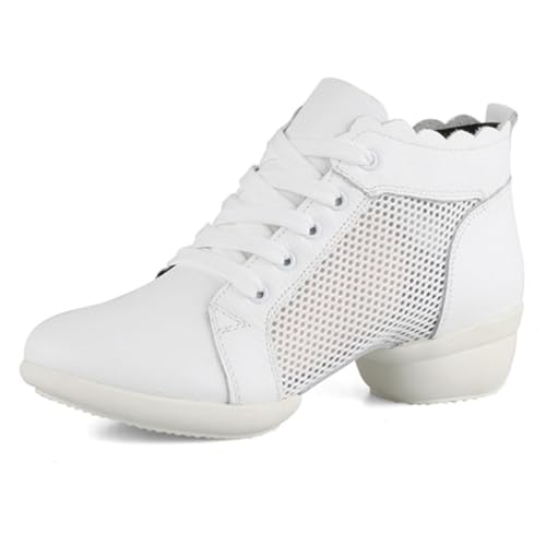 Damen Jazz Ankle Dance Boots Schlitzsohle Schnürung Leder Atmungsaktive Walking Dancing Sneakers,Weiß,40 EU von Generic
