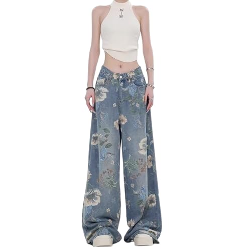 Damen Jeans, Damen Retro Floral Print mit Löchern, Loose Straight Leg Wide Leg Denim Pants, Y2K Jeans (Stil 2,M) von Generic