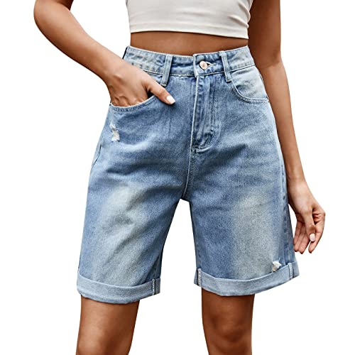 Damen Jeans Bermuda-Shorts Mittlerer Aufstieg Kurze Hose Strecken Zerrissen Roher Saum Denim Kurze Jeans Stretch Freizeithose Outdoorhose Shorts von Generic