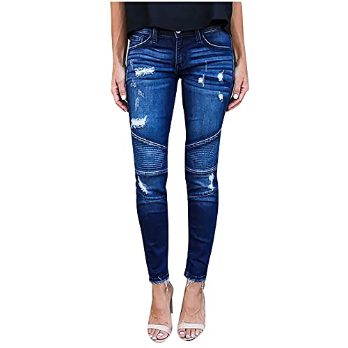 Damen Jeans High Waist Slim Fit Stretch Röhrenjeans Rissen Löcher Ankle Denim Hose Knopfleiste Vintage E-Girl Style Schlagjeans Lässige Strecken Leggings mit Löchern von Generic