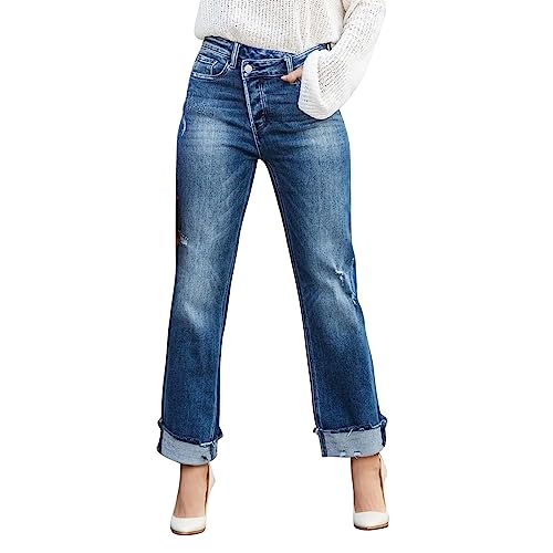 Damen Jeans Hose-High Waist Jeans Damen-Hosen Casual mit Rollrand Elegante Lange Hohe Taille Straight Modisch Stretch Jeanshose Jeanshosen Sommerjeans Freizeithose Latzhose Frühling Herbs von Generic