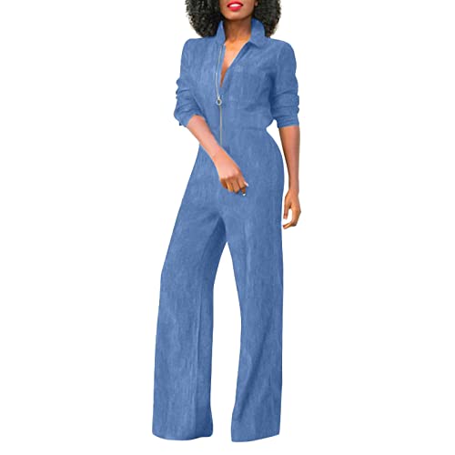 Damen Jeans Overall Jumpsuit Langarm - Hosenanzug Mit Reißverschluss Revers Freizeitanzug Weites Bein Einteiler Jeansoptik Strampler Oversized Y2K Jumpsuits Sportlich Onesie von Generic